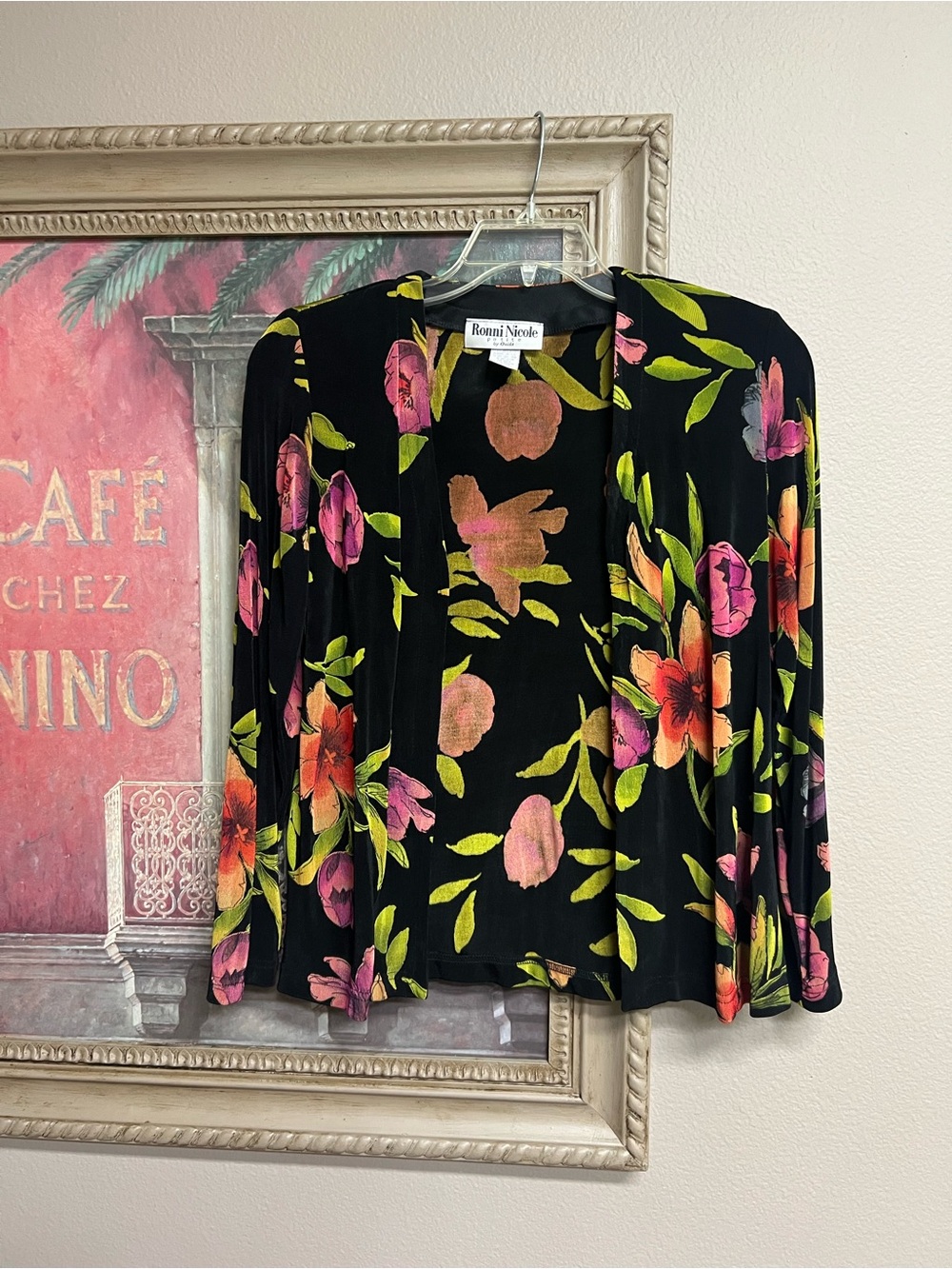 Ronni Nicole Black Floral Open Cardigan with Pink and Orange Blooms